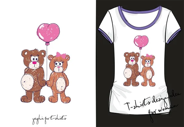 Camiseta vectorial linda con osos con globo — Vector de stock