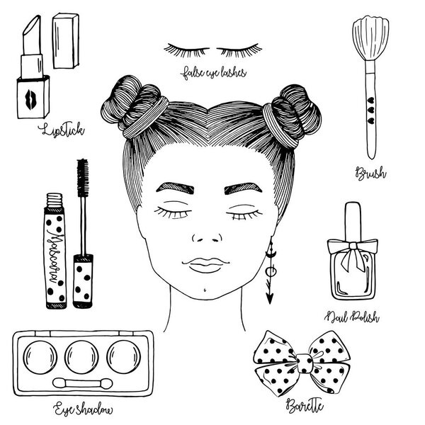 Vector hand drawn sketch fashion black and white illustration, useful big set of women's cosmetics for design, handwritten letterings, clip art, cartoon portrait of a girl in pop Art, pin up style