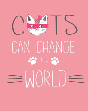 Kızlar için vektör çizim T gömlek tasarım grafik için. Şirin kedi ve yazı tipi ile kompozisyon. Kartları tasarımı için kullanılabilir