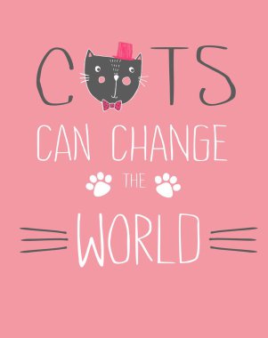 Kızlar için vektör çizim T gömlek tasarım grafik için. Şirin kedi ve yazı tipi ile kompozisyon. Kartları tasarımı için kullanılabilir