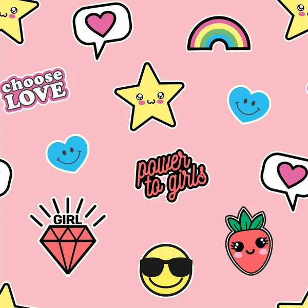 Vector illustration of seamless texture with cute kawaii patches drawn in anime style isolated on pink background. Star, comics cloud with heart, berry, lettering choose love, power to girls, smileys — 스톡 벡터