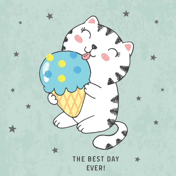 Vector hand drawn sketch illustration of happy white cat licking sweet ice cream on scratched grunge background with stars, lettering the best day ever, cute cartoon kawaii card in anime style — 스톡 벡터