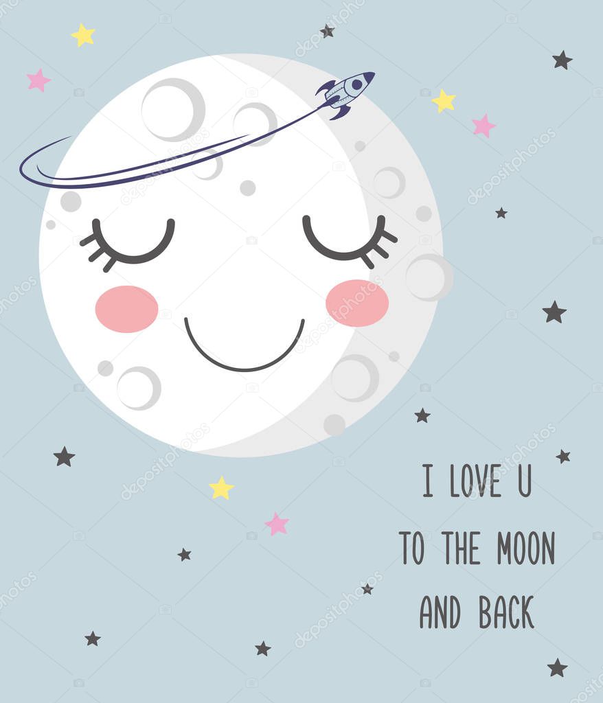 Vector illustration of cute smiling cartoon sleeping moon with closed eyes, craters, stars, rocket, lettering I love you to the moon and back, greeting card, Valentine's day, good night, sweet dreams