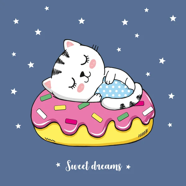 Ilustração Vetorial Gato Branco Desenhado Mão Bonito Dormindo Dentro Donut — Vetor de Stock