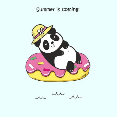 Derin mavi arka planda izole edilmiş deniz arasında bilardo yüzüğünde yüzen, şişme donutta yüzen sevimli pandanın vektör çizimi