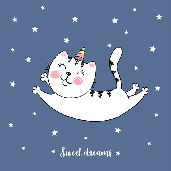 고양이 유니콘 밤하늘을 그대로 귀여운 스케치 색깔있는 고양이 — 스톡 벡터