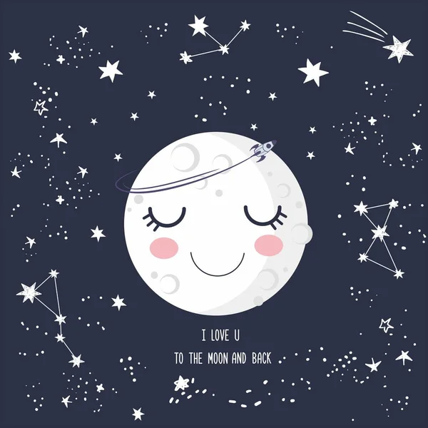 Nettes Lächeln Cartoon Schlafenden Mond Mit Geschlossenen Augen Krater Sterne — Stockvektor