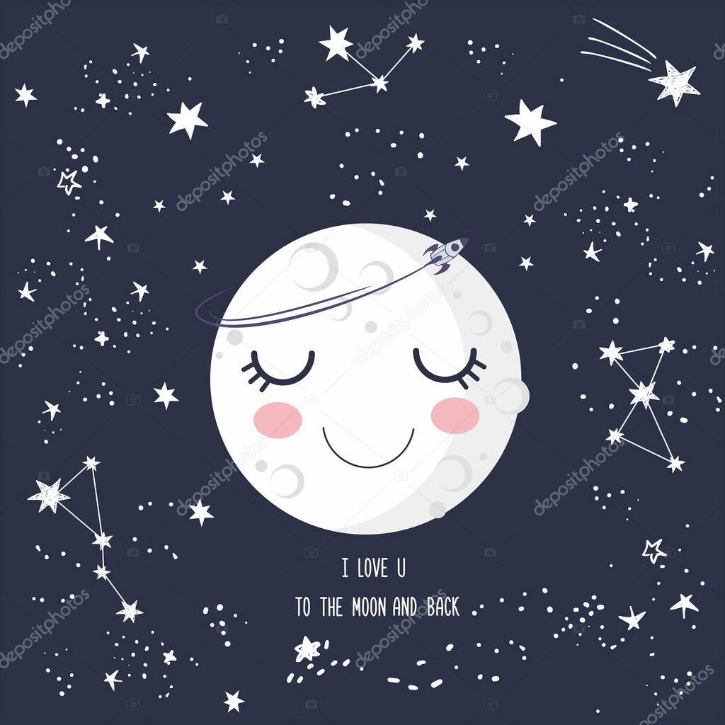 Cute smiling cartoon sleeping moon with closed eyes, craters, stars, rocket, lettering I love you to the moon and back. Greeting card, good night, sweet dreams, outer space with falling stars