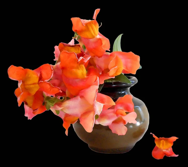 illustration of snapdragons in a ceramic vase. Photo manipulatio