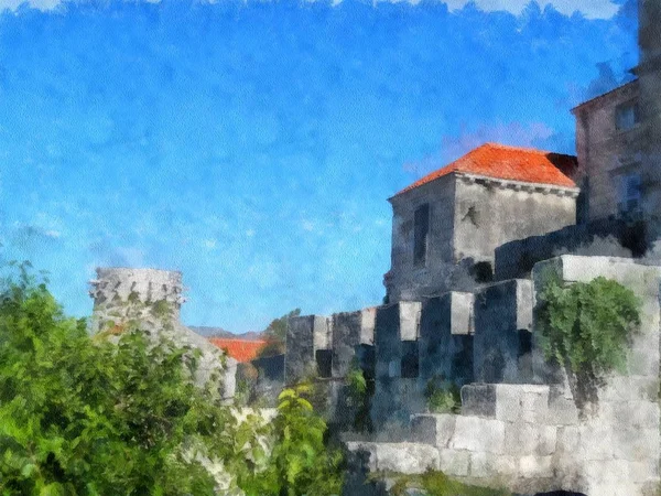 Vista della pittura acquerello fortezza; manipolazione della foto — Foto Stock