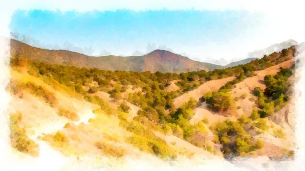 Tło widok akwarela malarstwo krajobraz górski — Zdjęcie stockowe