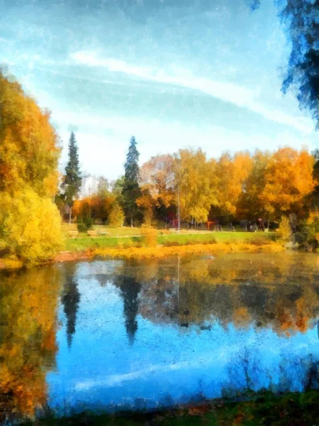Parc d'automne jaune vif. avec des arbres réfléchis dans l'étang. Eau c — Photo