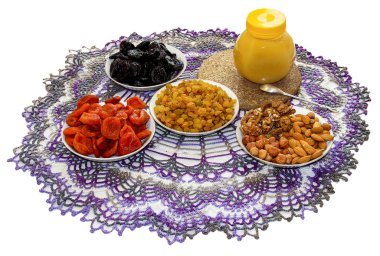 dried fruit, nuts and honey on a plate  clipart