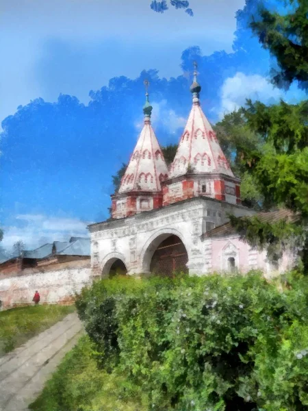Vecchia chiesa sulla collina, acquerello — Foto Stock