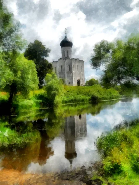 Alte Kirche am Flussufer, Aquarell — Stockfoto