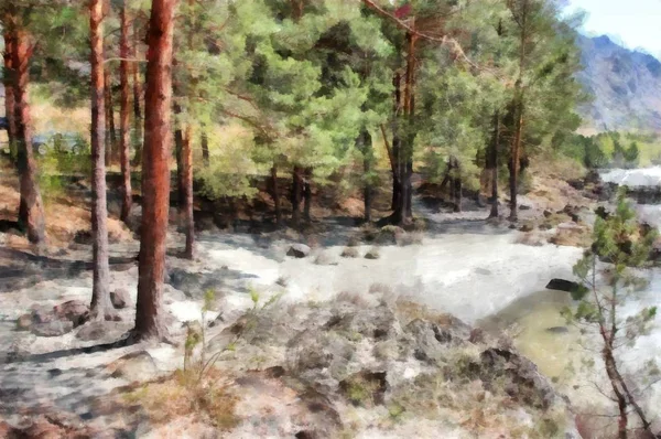 Fundo aquarela pintura montanhas paisagem — Fotografia de Stock