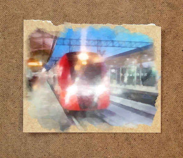 Winter landscape in gloomy day. A bright red train arrives on a — Stock Photo, Image