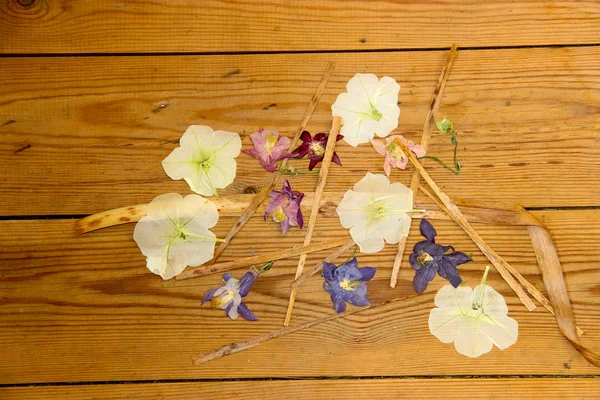 Dried wilted flowers on a  dark wooden surface