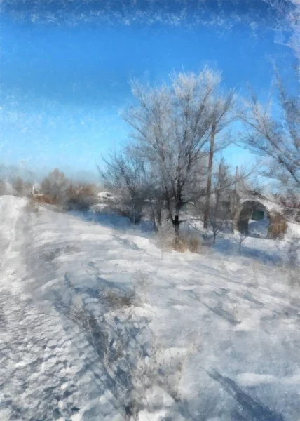 Un temps clair d'hiver, un paysage rural avec une couverture de jardin rustique — Photo