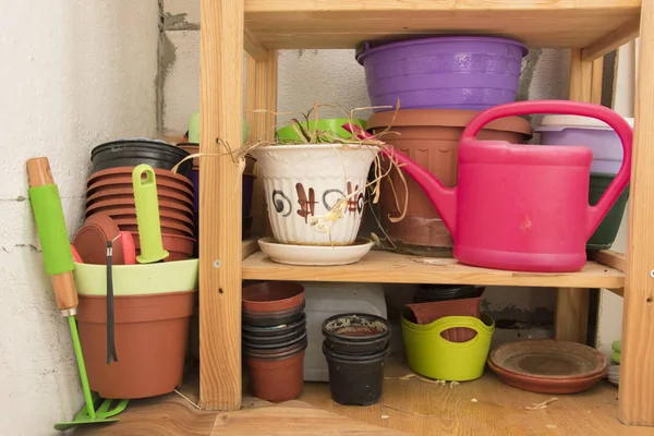 Multicolor vasos de flores e mudas, ferramentas para jardinagem, sto — Fotografia de Stock