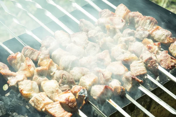 Barbecue sulla griglia in estate all'aperto, le mani girano lo ske — Foto Stock