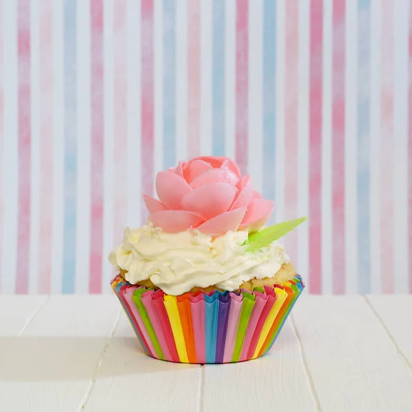 Cupcake Decorated Rose Homemade Cake Cream Waffles Striped Background — Stock Photo, Image