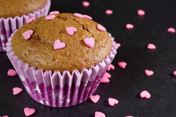 Chocolate Muffin Decorated Pink Sugar Hearts Black Background Close — Stock Photo, Image