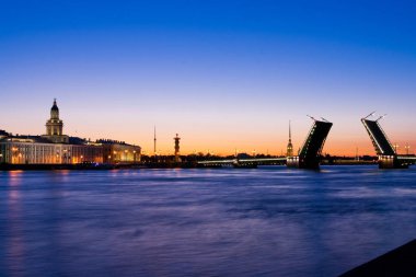 Kuntskamera, St. Petersburg, Rusya Federasyonu üzerinde beyaz geceler wiev sırasında boşanmış Palace Bridge. 3 Temmuz 2010