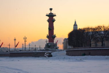 Rusya. St. Petersburg 'da. Kış. Gün batımında rostral sütun ve meraklı