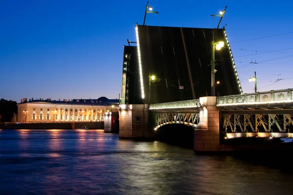 Geteilte palastbrücke in den weißen nächten wiev auf kuntskamera, st. petersburg, russland. 3. Juli 2010 — Stockfoto