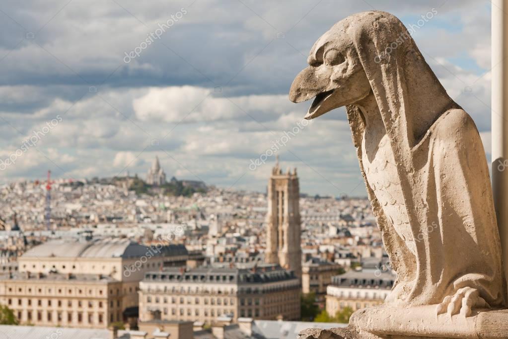 Gargoyle on Notre Dame Cathedral and city of Paris close up, France — Stock Photo © aleksis15