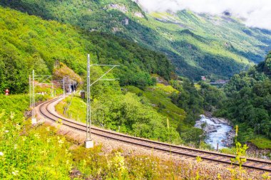 Muhteşem yaz görüş Flam ve Murdal birbirine bağlayan bir yürüyüş yolu ve tren içinde. En güzel tren dünyada seyahat ve önde gelen turistik Norveç'te biridir..