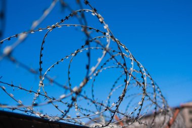 Mavi gökyüzü arka plan üzerine dikenli tel. Rusya Saint Petersburg