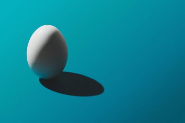 Mavi arka plan, Paskalya desen üstten görünüm beyaz tavuk yumurta. Metin, yatay görüntü için yer ile minimal tasarım.