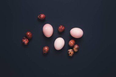 Paskalya kavramı, fırça ve süslemeleri metinle, üstten görünüm siyah arka plan üzerinde renkli Paskalya yortusu yumurta