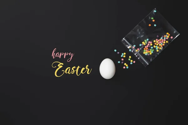 Easter Concept Colorful Easter Egg Decorations Black Background Top View — Stock Photo, Image