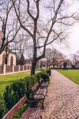 Bahar üzerinde güzel bir parkta Bank.