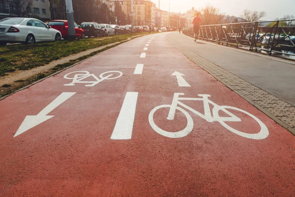 Bicycle signs painted on a dedicated street . Sport . People running at the street . Healty lifestyle .