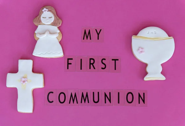 Concept First Communion Poster Announcer English Fondant Cookies Related Drawings — Stock Photo, Image