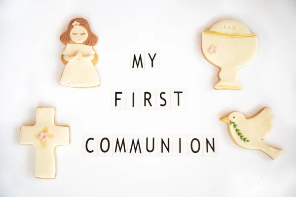 Concept First Communion Poster Announcer English Fondant Cookies Related Drawings — Stock Photo, Image
