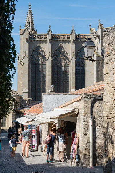 Turistas Paseando Por Las Calles Famosa Ciudad Amurallada Carcasona Cerca — Foto de Stock