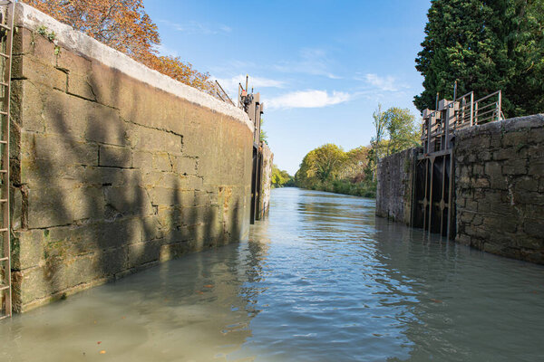 View of a lock on the Canal du Midi, Carcassonne, Languedoc-Roussillon, France