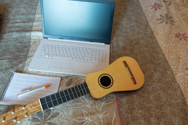 Espaço Trabalho Com Vista Frontal Com Laptop Notebook Timple Cama — Fotografia de Stock