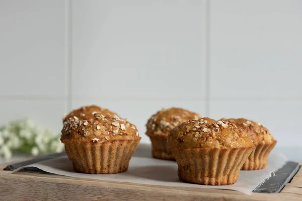 Fresh Homemade Delicious Carrot Muffins Decorated Oat Flakes Brown Sugar — Stock Photo, Image