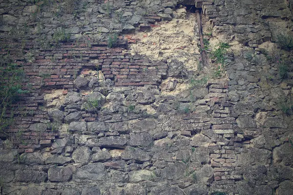 Fondo Retro Tonificado Viejo Muro Piedra Ruinas Cubierto Hierba — Foto de Stock