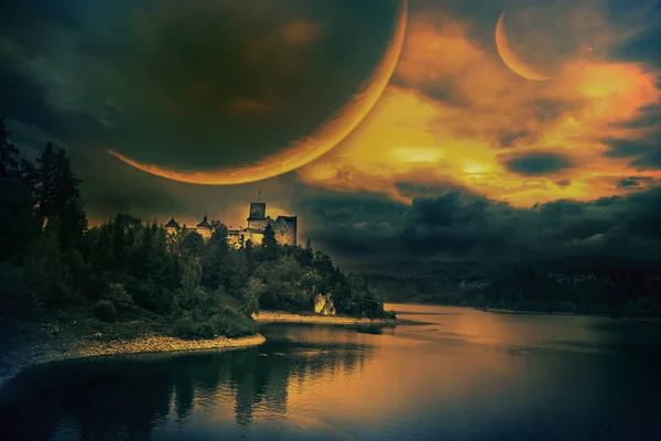 fantastic landscape with a castle on a hill by the lake. Cloudy night with fantastic planets. Landscape in yellow-green tones