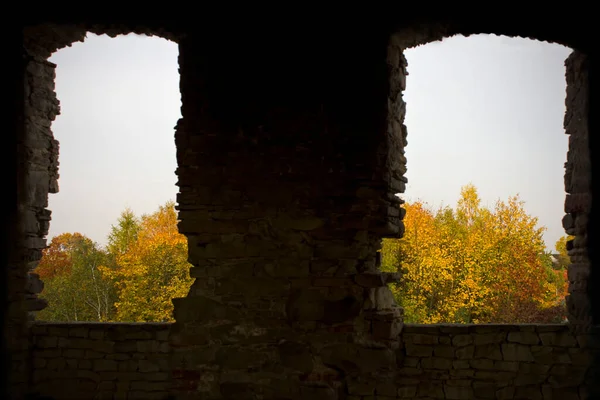 Старая Каменная Стена Двумя Окнами Которых Видны Желтые Осенние Деревья — стоковое фото
