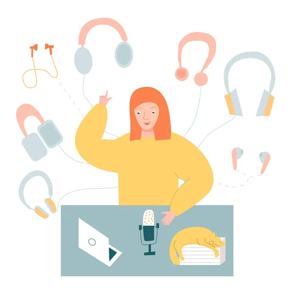 Kız podcast vektör illüstrasyonunu kaydediyor, ses dosyası yapıyor, etrafta kedi ve kulaklıklar var