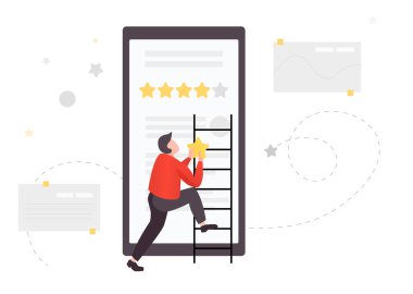 Guy giving feedback on smartphone with stars. Concept illustration.