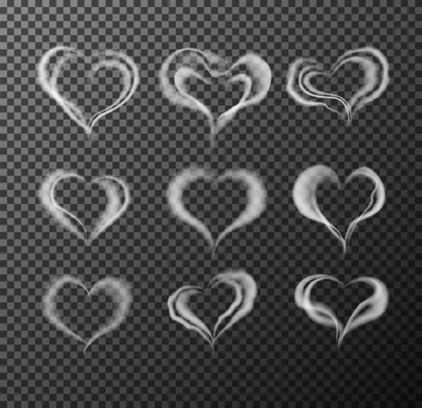 Steam hot beverage hearts. Realistic vector illustration.